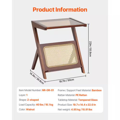 Rattan Coffee Table, Z-Shaped Rattan Woven Bamboo Coffee Table with Tempered Glass Top, 20 In. Storage Coffee Table