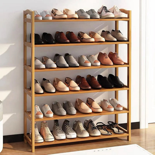 6 Tiers Bamboo Shoe Storage Rack Sturdy Shoe Shelf Shoe Stand Closet Organizer, 18-24 Pairs, Wood Color