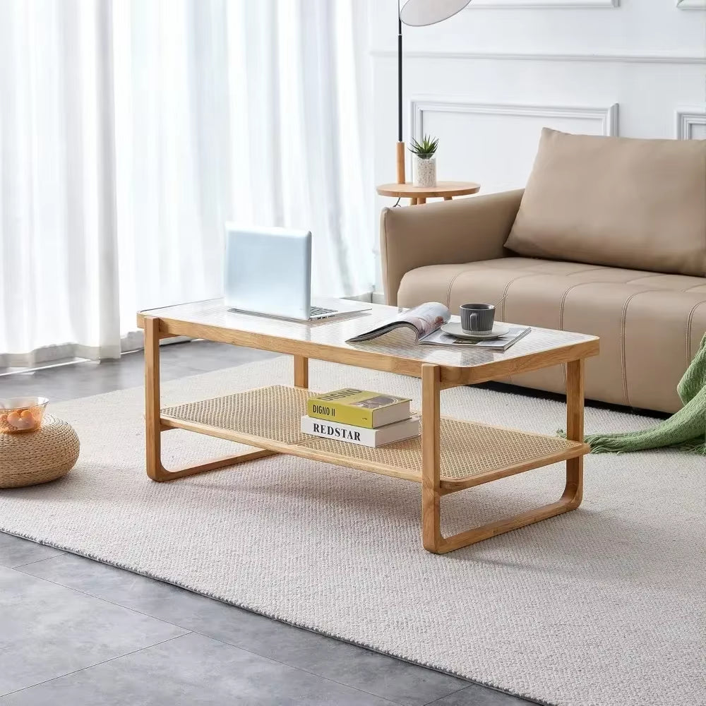 Wood Coffee Table for Living Room,Glass Top Coffee Table with Imitation Rattan Storage Shelf
