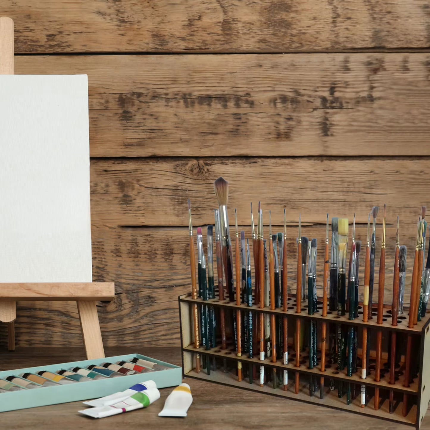 67 Holes Paintbrush Holder Stand Wooden Paint Brush Stand Desk Organizer Wall Mounted Makeup Brush Shelf for Painting Supplies
