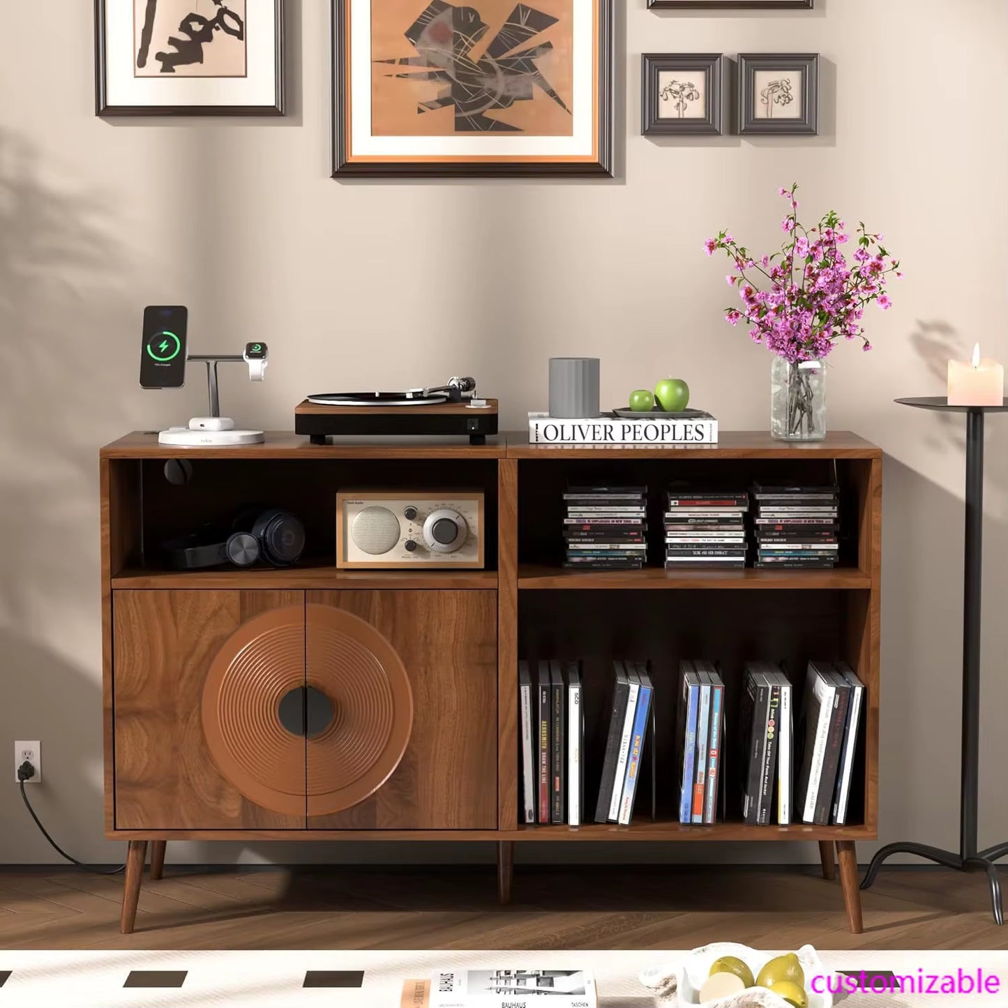 Large Record Player Stand,Mid Century Turntable Stand with Door, Record Player Table Holds up to 350 Albums,Vinyl Display Shelf