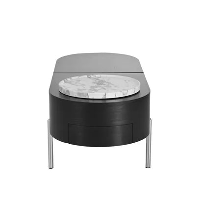 47.2 In. Black Oval MDF Coffee Table with Lift Top, 360° Marble-Patterned Rotating Tray and 3-Drawers