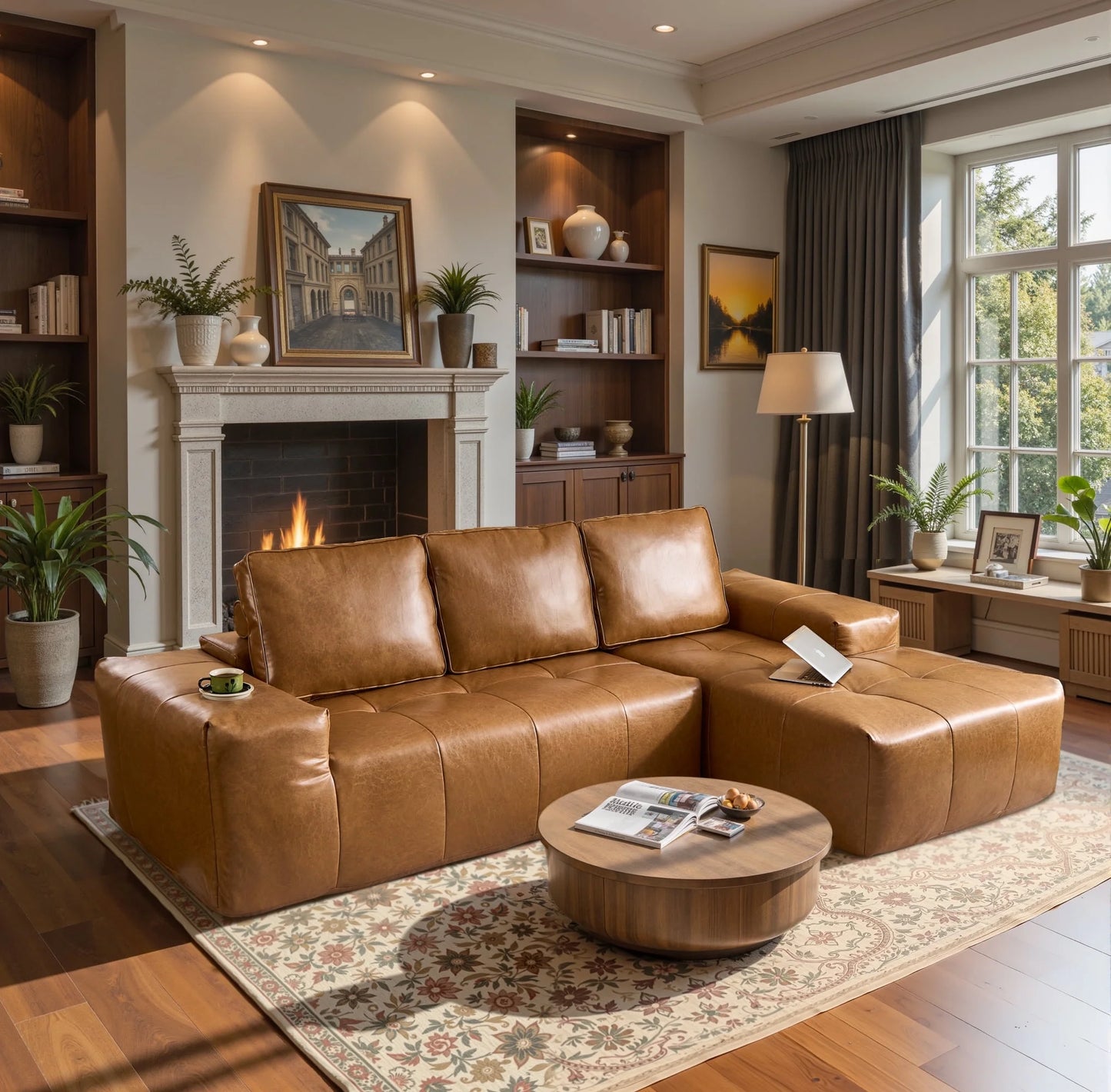 114" Modular Sectional Sofa L-Shaped Faux Leather Couch with Chaise Extra Deep Seat Cloud Sofa for Living Room No Assembly Brown