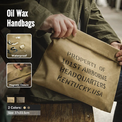 Maden Oil Wax Canvas Handbag Men's Vintage Handbags Khaki Print Purse Envelope Capacity Money Bag Magnetic Buckle Long Wallet