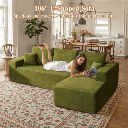 106" L-Shaped Sectional Sofa Modern Modular Cloud Couch with Deep Seating Upholstered Sofa for Living Room Bedroom, No Assembly Required, Green(Sherpa)