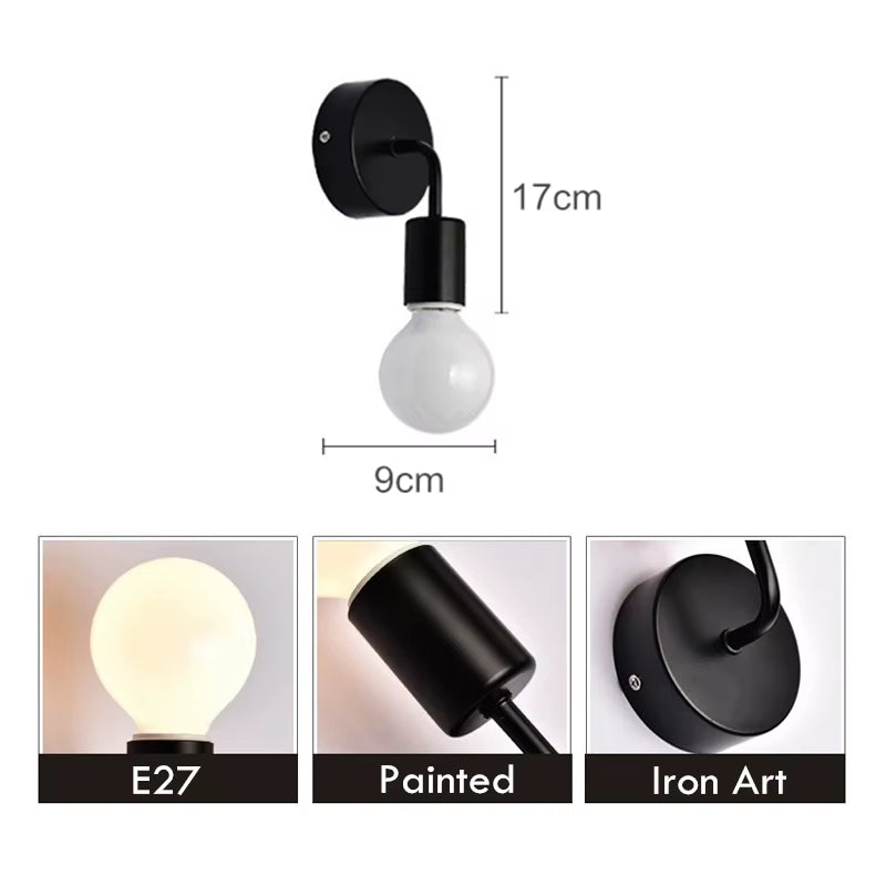 Nordic Modern Wall Lamp Iron Black E27 Indoor Lighting Bedside Bedroom Bathroom Lamp Sconce Wall Light Fixture Industrial Decor