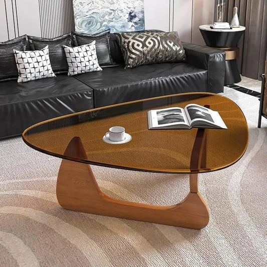 Glass Coffee Table-Mid-Century Modern End Table Solid Wood Base and Vintage Tempered Transparent Glass Top Coffee Table