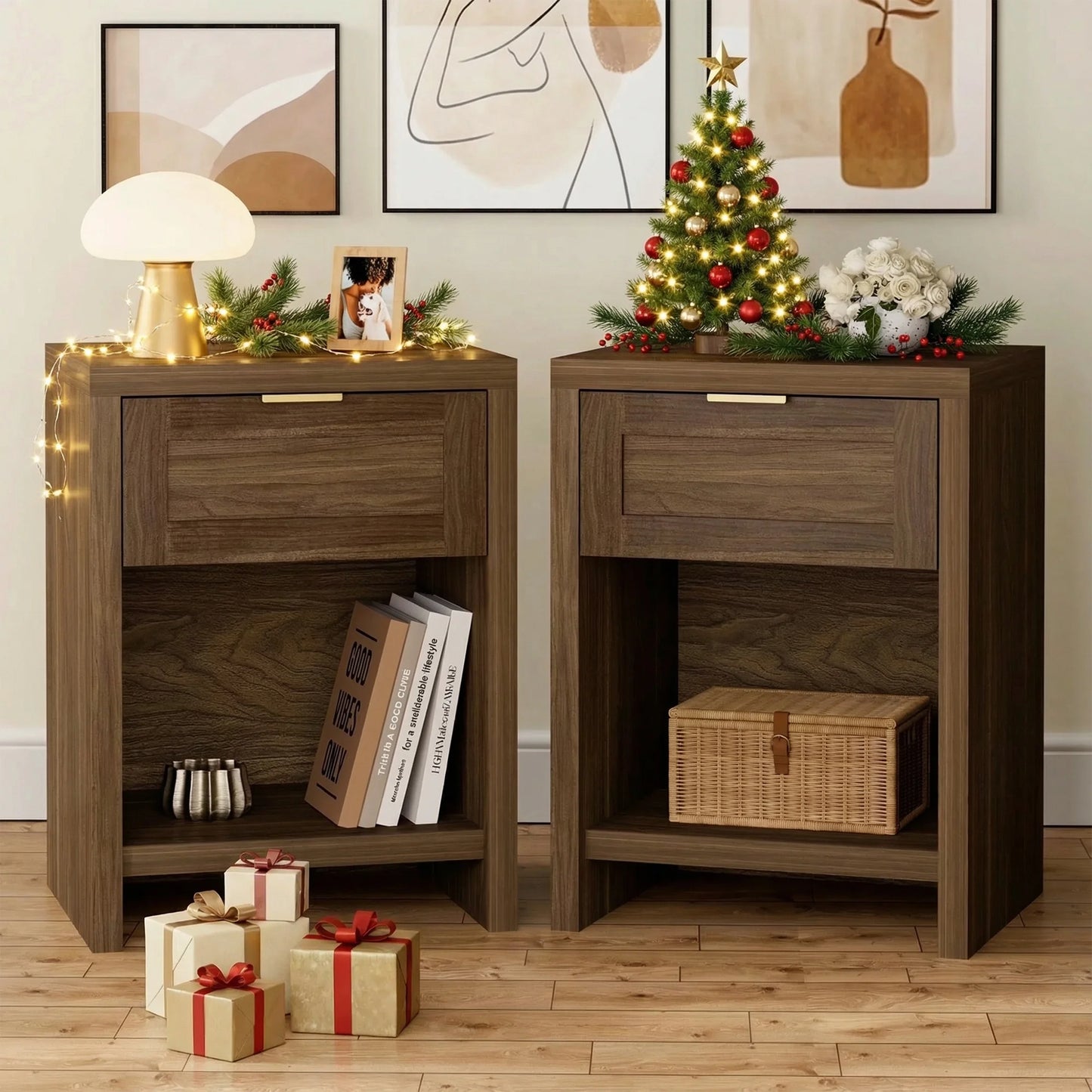 Nightstand with Drawers Farmhouse Nightstand Set of 2 Classic Walnut