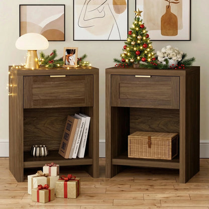 Nightstand with Drawers Farmhouse Nightstand Set of 2 Classic Walnut