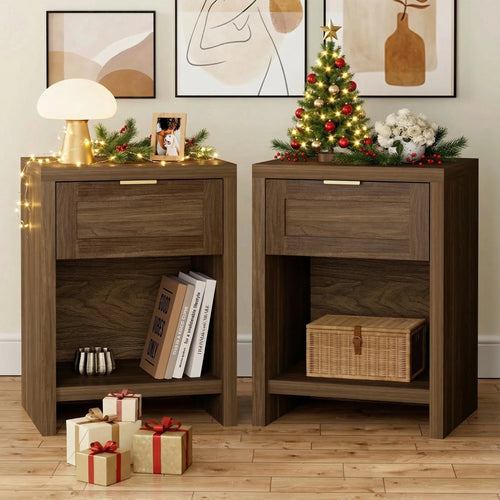 Nightstand with Drawers Farmhouse Nightstand Set of 2 Classic Walnut