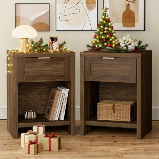 Nightstand with Drawers Farmhouse Nightstand Set of 2 Classic Walnut