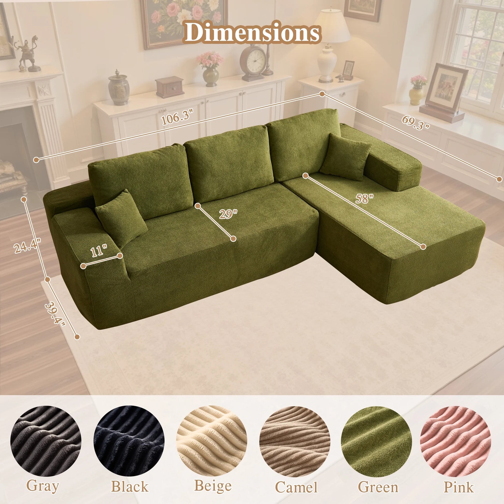 106" L-Shaped Sectional Sofa Modern Modular Cloud Couch with Deep Seating Upholstered Sofa for Living Room Bedroom, No Assembly Required, Green(Sherpa)