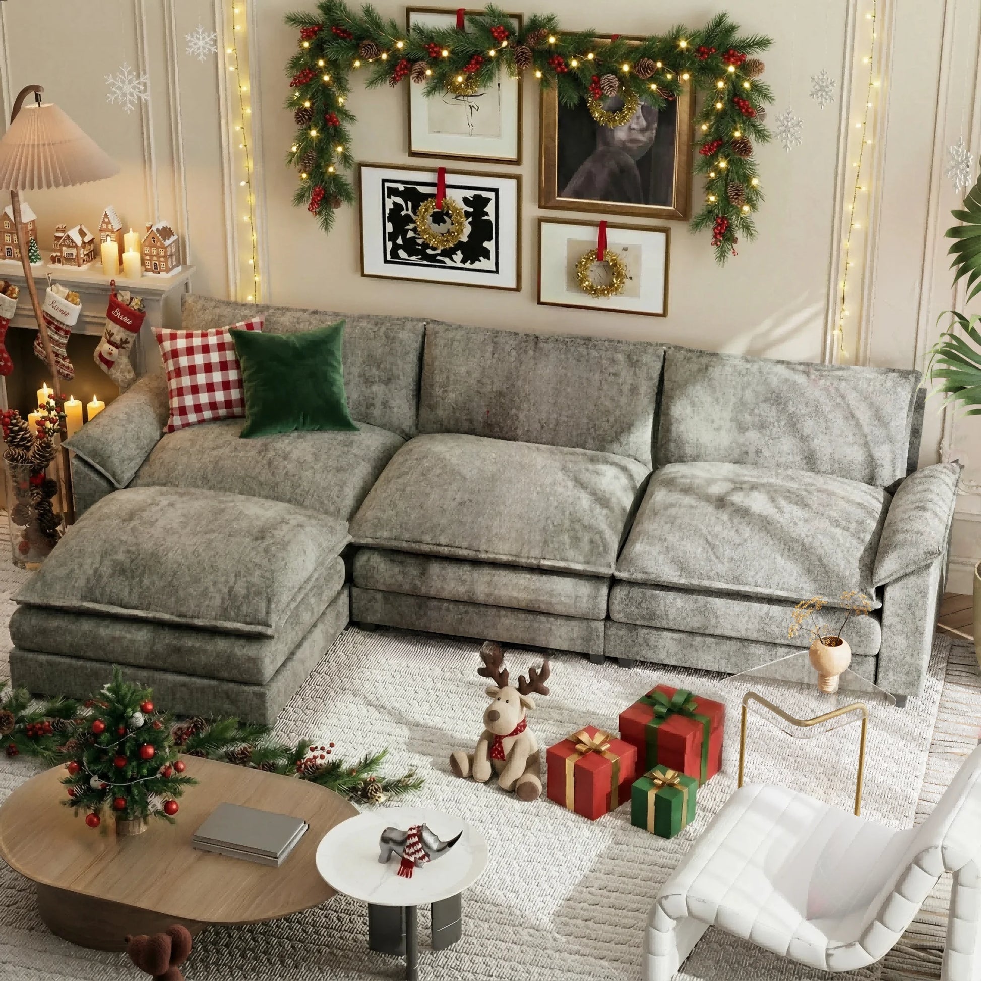 Sectional Sofa 3-Seat L-Shaped Sofa with Reversible Toffee Chair Movable Footrest Sofa,Gray