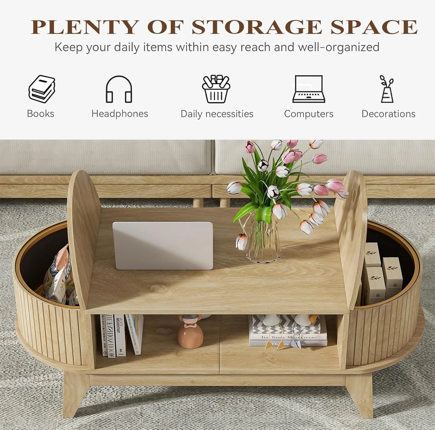 Fluted Coffee Table with Storage, Modern Coffee Tables, Wood Accent Center Table