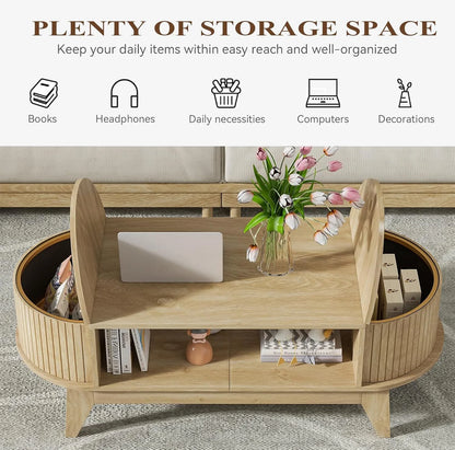 Fluted Coffee Table with Storage, Modern Coffee Tables, Wood Accent Center Table
