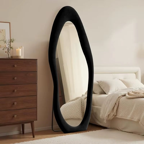 Hot Sale.Full Length Mirror 63"X24" Irregular Full Body Wall Mounted Floor Mirror with Stand Ivory Flannel Frame Leaning Hanging