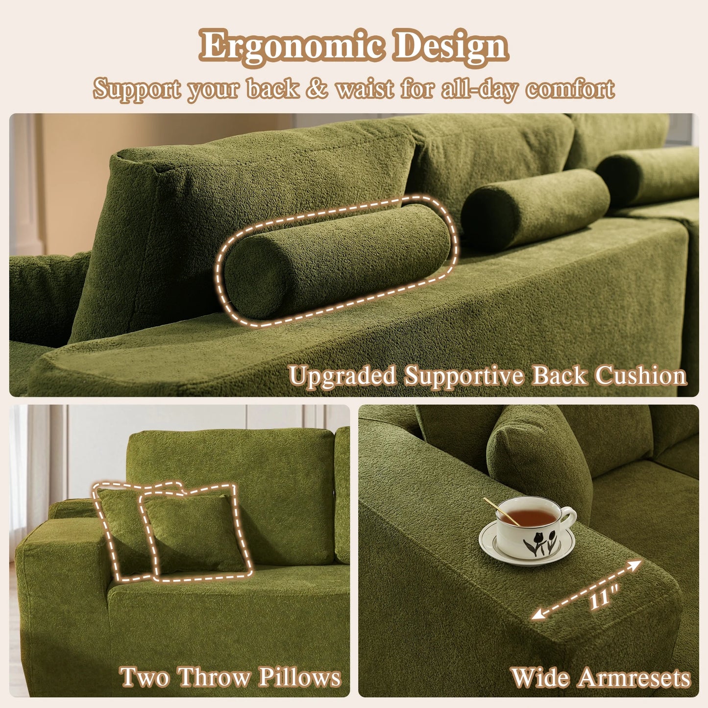 106" L-Shaped Sectional Sofa Modern Modular Cloud Couch with Deep Seating Upholstered Sofa for Living Room Bedroom, No Assembly Required, Green(Sherpa)