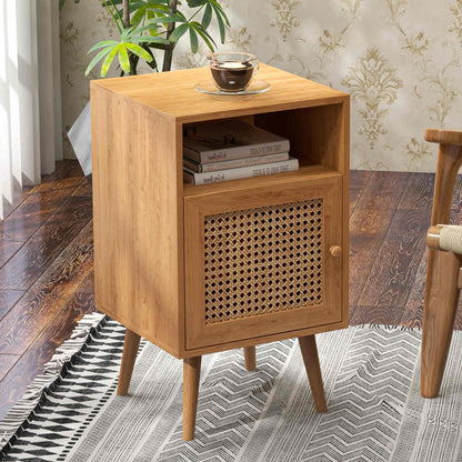 2Pcs Rattan Nightstand Set, Boho Side Table with Handmade Rattan Decorated Drawer, Natural