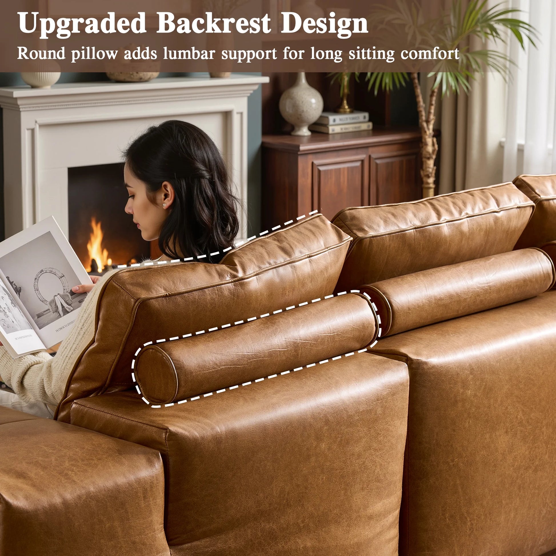 114" Modular Sectional Sofa L-Shaped Faux Leather Couch with Chaise Extra Deep Seat Cloud Sofa for Living Room No Assembly Brown