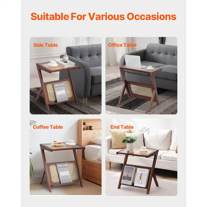 Rattan Coffee Table, Z-Shaped Rattan Woven Bamboo Coffee Table with Tempered Glass Top, 20 In. Storage Coffee Table