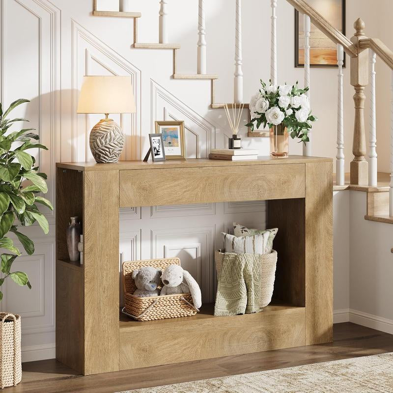 Vividwood Console Table with Drawer, Farmhouse Wood Entryway Table with Storage Shelves, 47'' Sofa Table behind Couch for Living Room, Hallway, Foyer