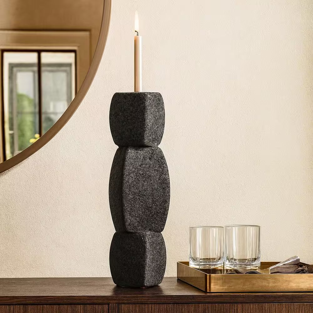 Black 12 In. Stoneware Stacked Taper Candle Holder with Sand Glaze