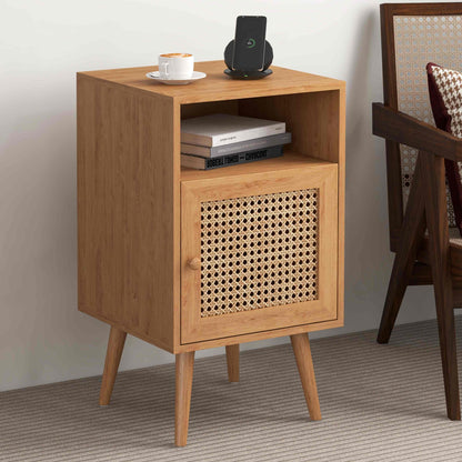 2Pcs Rattan Nightstand Set, Boho Side Table with Handmade Rattan Decorated Drawer, Natural