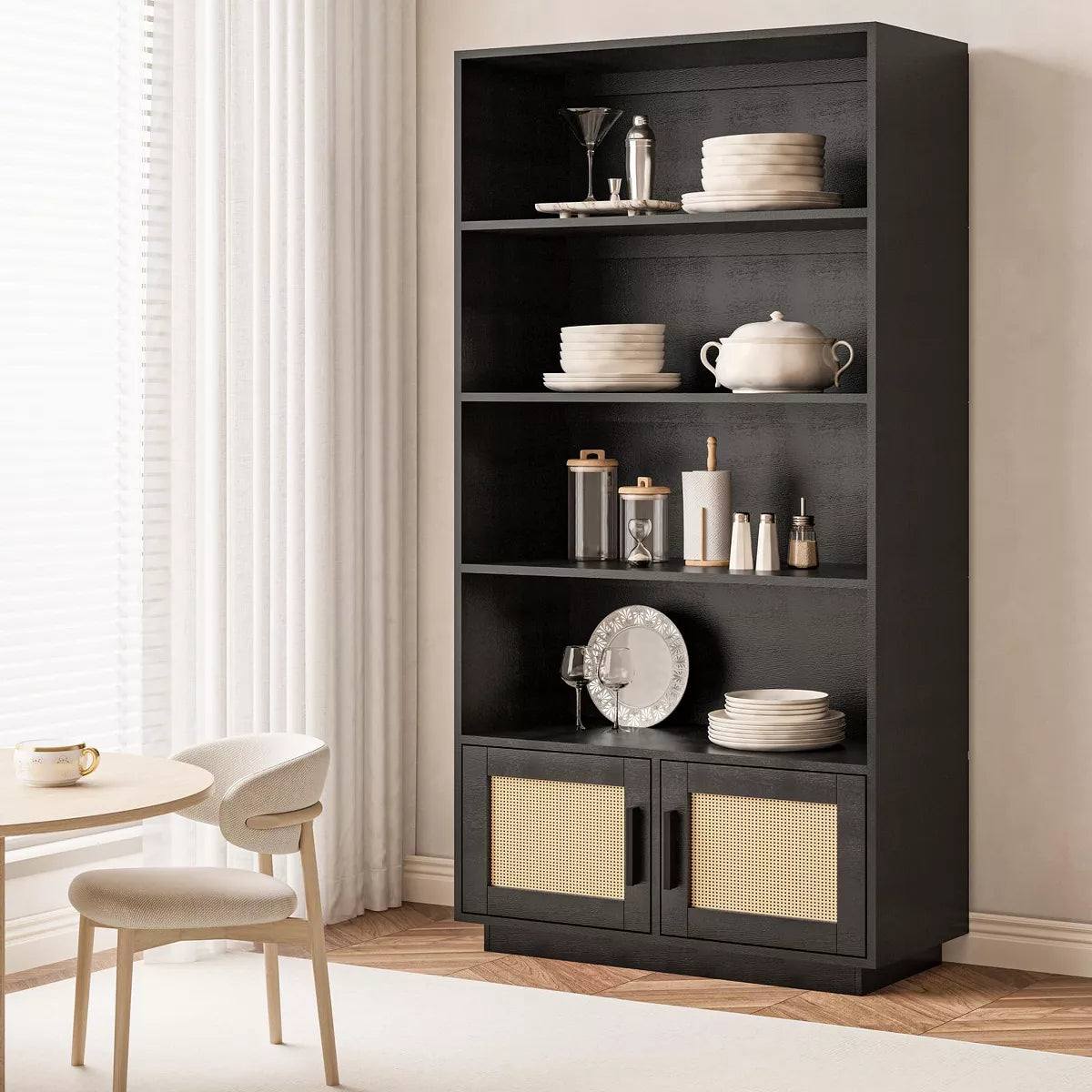 5 Tier Rattan Bookshelf with Storage Cabinet & Door, 71.1 Inch Tall Industrial Book Shelf,5 Shelf Bookcase with Metal Frame