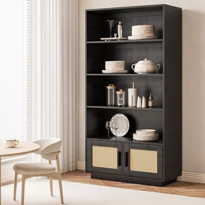 5 Tier Rattan Bookshelf with Storage Cabinet & Door, 71.1 Inch Tall Industrial Book Shelf,5 Shelf Bookcase with Metal Frame