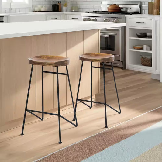 Brown and Black 28 In. Height Iron and Wood Saddle Seat Bar Stool