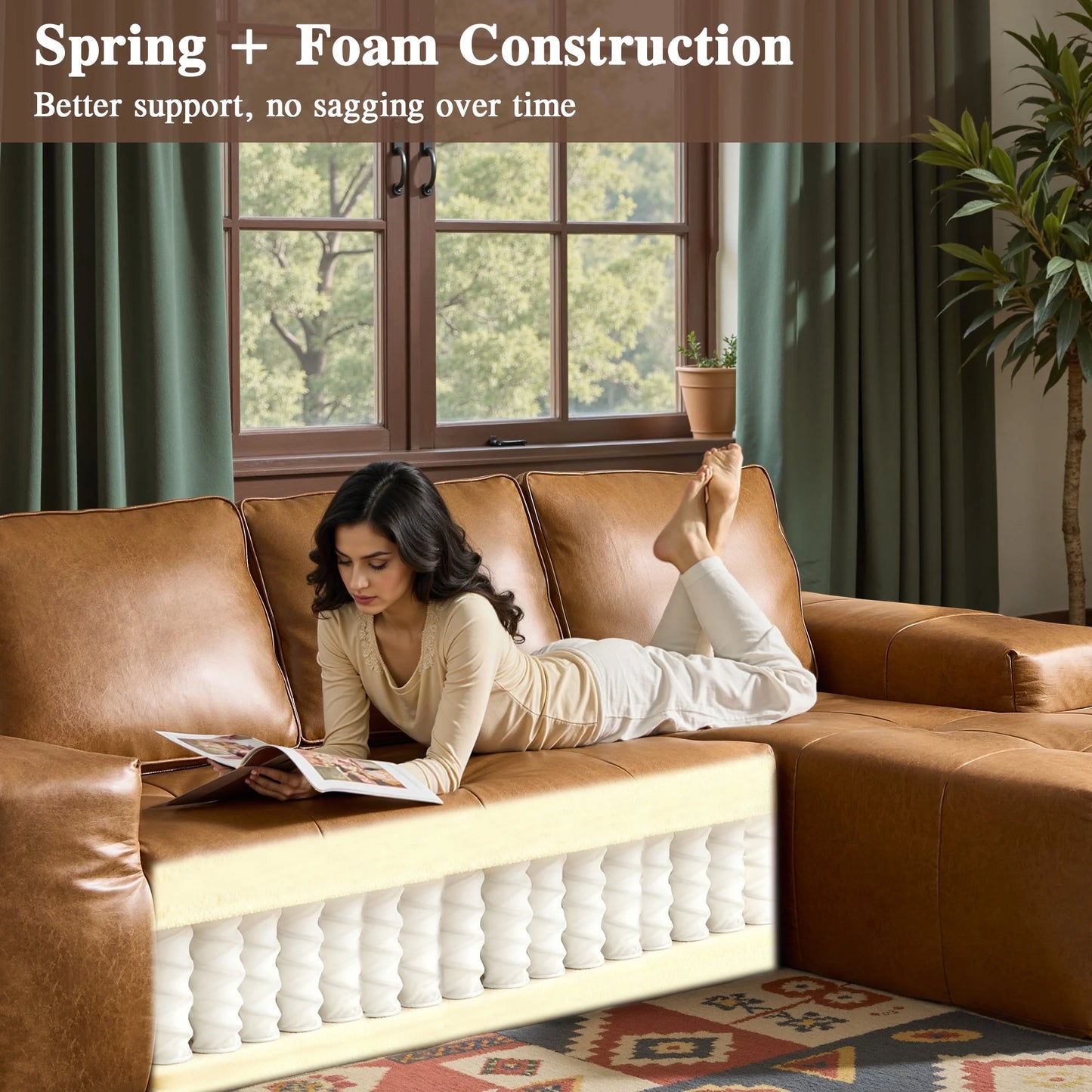 114" Modular Sectional Sofa L-Shaped Faux Leather Couch with Chaise Extra Deep Seat Cloud Sofa for Living Room No Assembly Brown