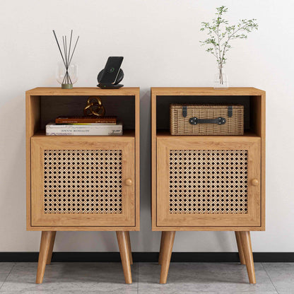 2Pcs Rattan Nightstand Set, Boho Side Table with Handmade Rattan Decorated Drawer, Natural
