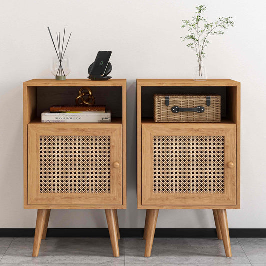2Pcs Rattan Nightstand Set, Boho Side Table with Handmade Rattan Decorated Drawer, Natural