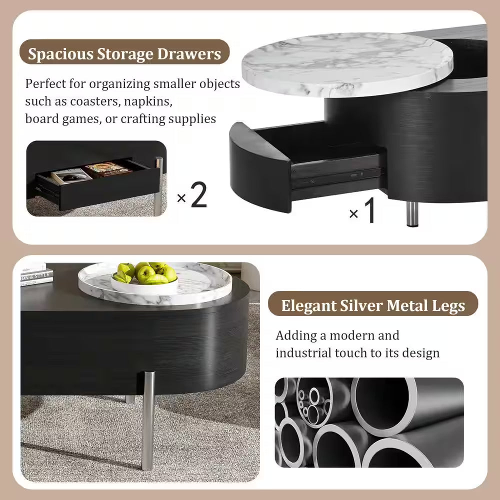 47.2 In. Black Oval MDF Coffee Table with Lift Top, 360° Marble-Patterned Rotating Tray and 3-Drawers