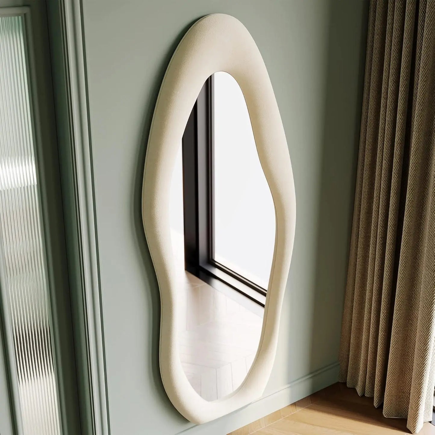 63" x 24" Wall Mirror, Flannel Wrapped Wooden Frame Full Body Mirror, Irregular Wavy Mirror Hanging or Leaning Against Wall