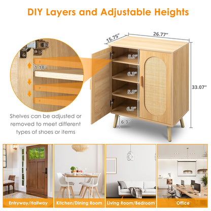 4 Tiers Shoe Storage Cabinet for Hallway, 2-Door 16 Pairs Rattan Shoe Rack Organizer W/ Adjustable Shelves, Natural