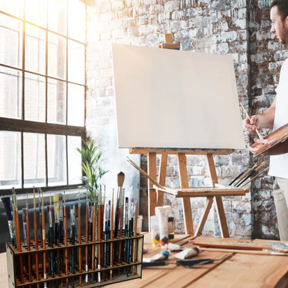 67 Holes Paintbrush Holder Stand Wooden Paint Brush Stand Desk Organizer Wall Mounted Makeup Brush Shelf for Painting Supplies