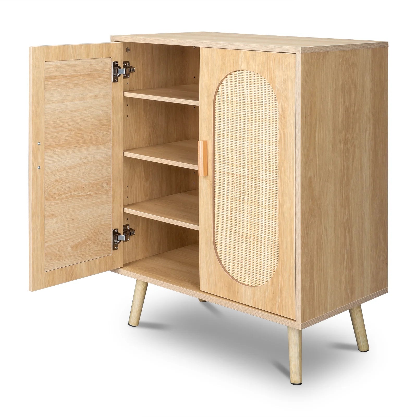 4 Tiers Shoe Storage Cabinet for Hallway, 2-Door 16 Pairs Rattan Shoe Rack Organizer W/ Adjustable Shelves, Natural