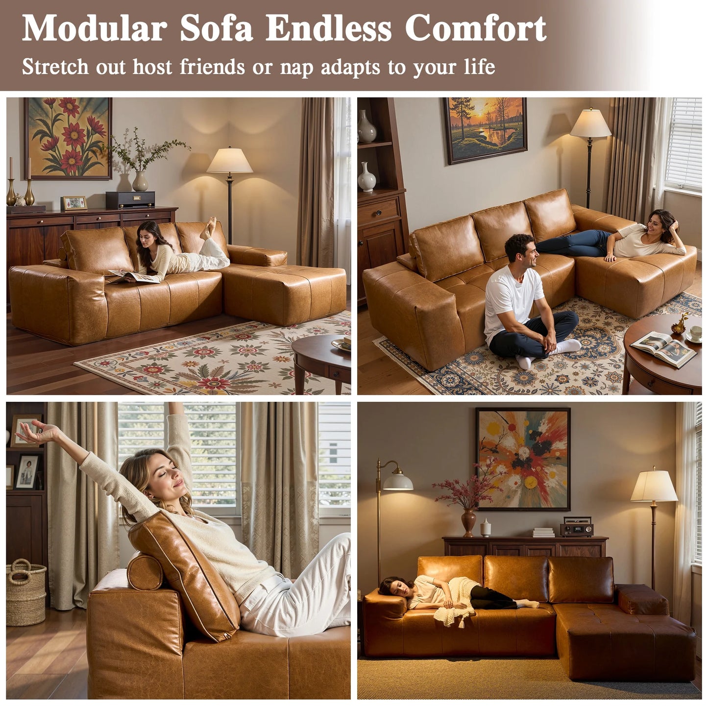 114" Modular Sectional Sofa L-Shaped Faux Leather Couch with Chaise Extra Deep Seat Cloud Sofa for Living Room No Assembly Brown