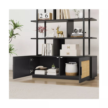 5 Tier Rattan Bookshelf with Storage Cabinet & Door, 71.1 Inch Tall Industrial Book Shelf,5 Shelf Bookcase with Metal Frame