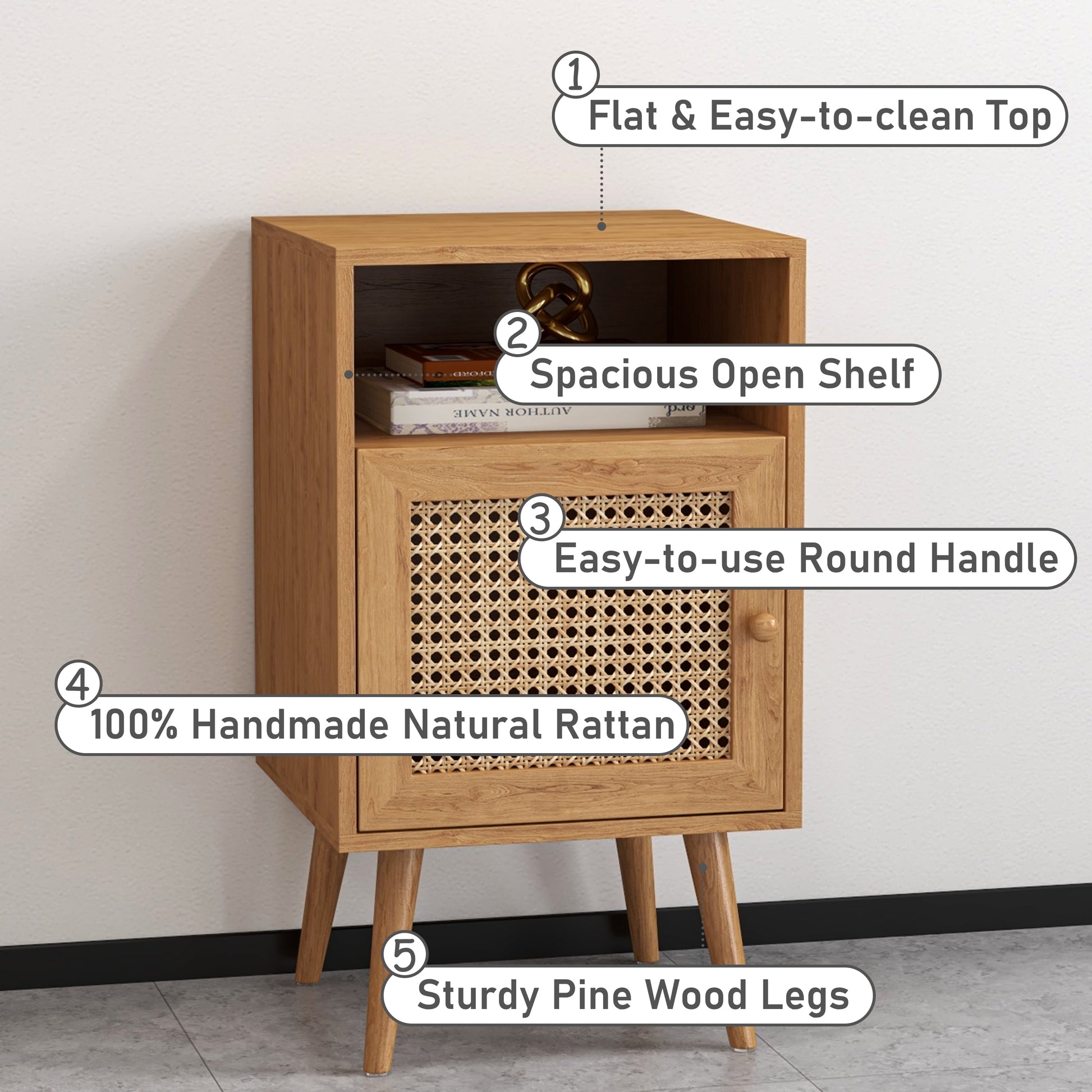 2Pcs Rattan Nightstand Set, Boho Side Table with Handmade Rattan Decorated Drawer, Natural