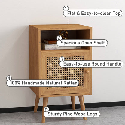 2Pcs Rattan Nightstand Set, Boho Side Table with Handmade Rattan Decorated Drawer, Natural