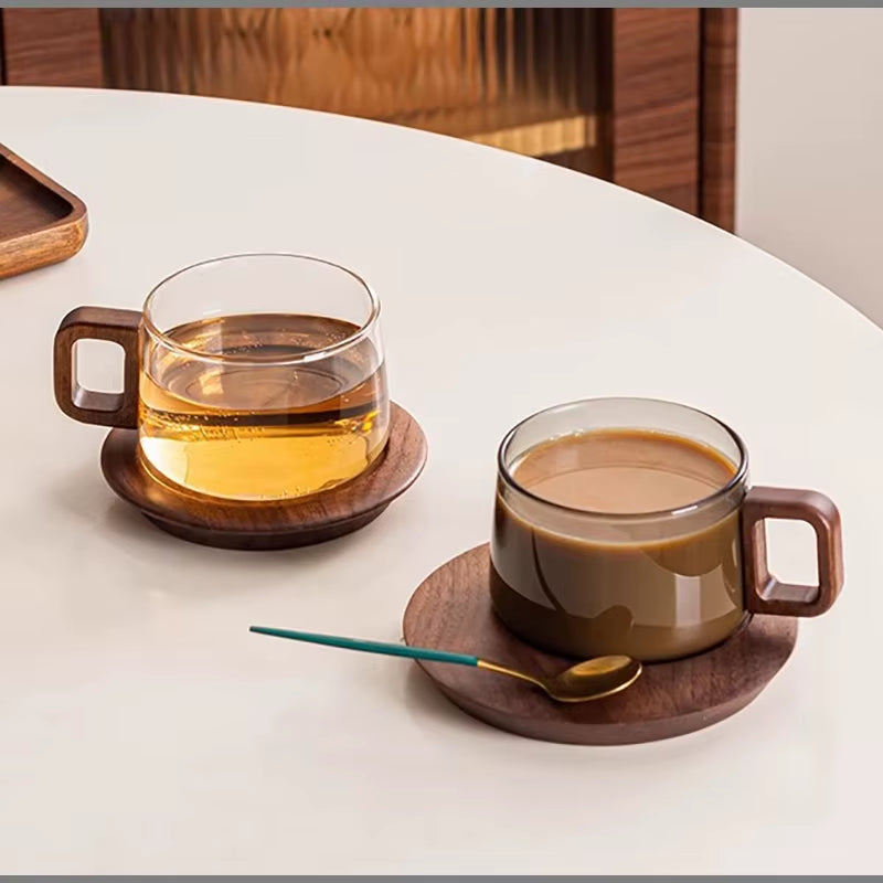 European Style Glass Coffee Cup Saucer Transparent Glass Mug Exquisite Afternoon Camellia Tea Coffee Mug Home Breakfast Milk Cup