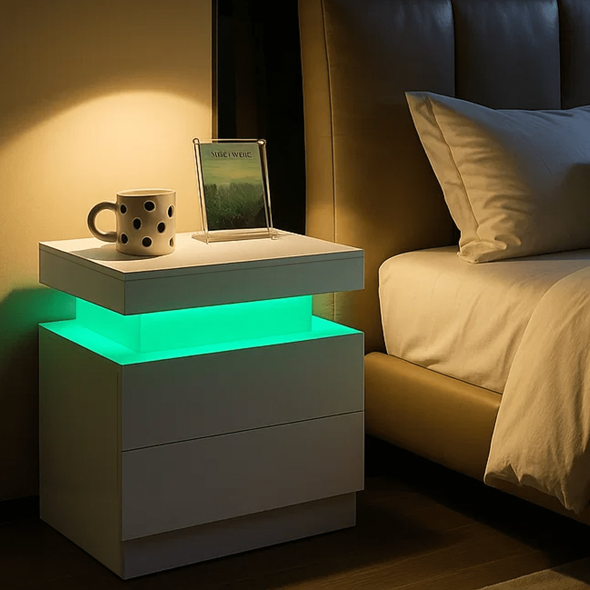 LED Nightstand with 2 Drawers Modern LED Night Stand with LED Lights Night Stands for Living Room,Bedroom