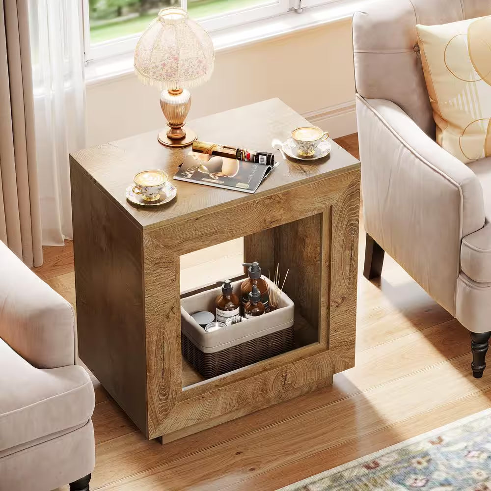 Kerlin 2-Piece 23.62 In. Brown Grain Rectangular Wood End Table, Farmhouse 2-Tiered Side Table for Living Room, Entrance