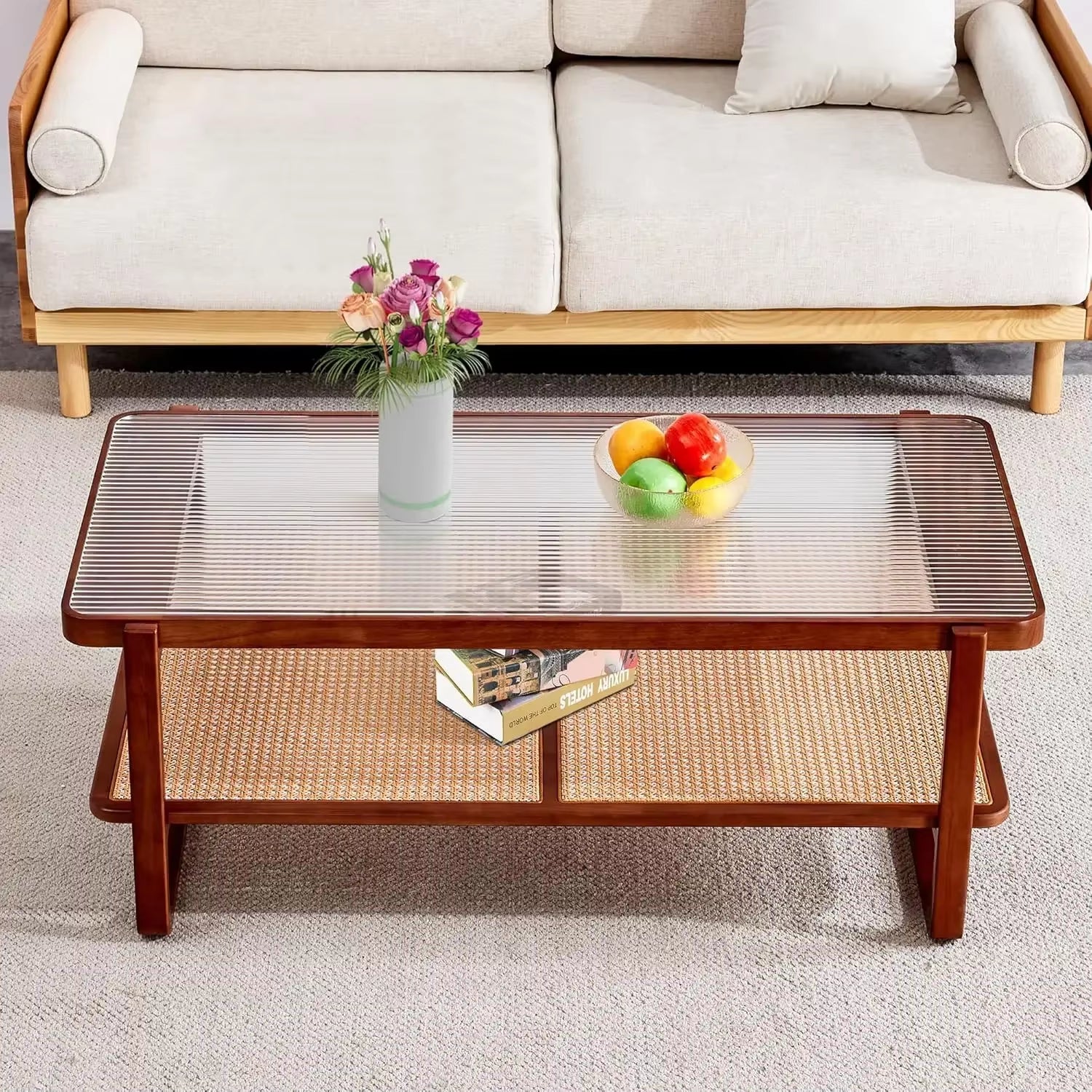Wood Coffee Table for Living Room,Glass Top Coffee Table with Imitation Rattan Storage Shelf