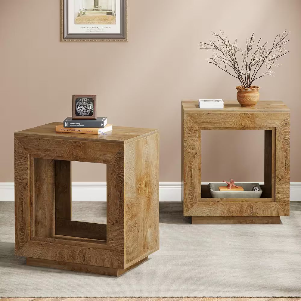 Kerlin 2-Piece 23.62 In. Brown Grain Rectangular Wood End Table, Farmhouse 2-Tiered Side Table for Living Room, Entrance