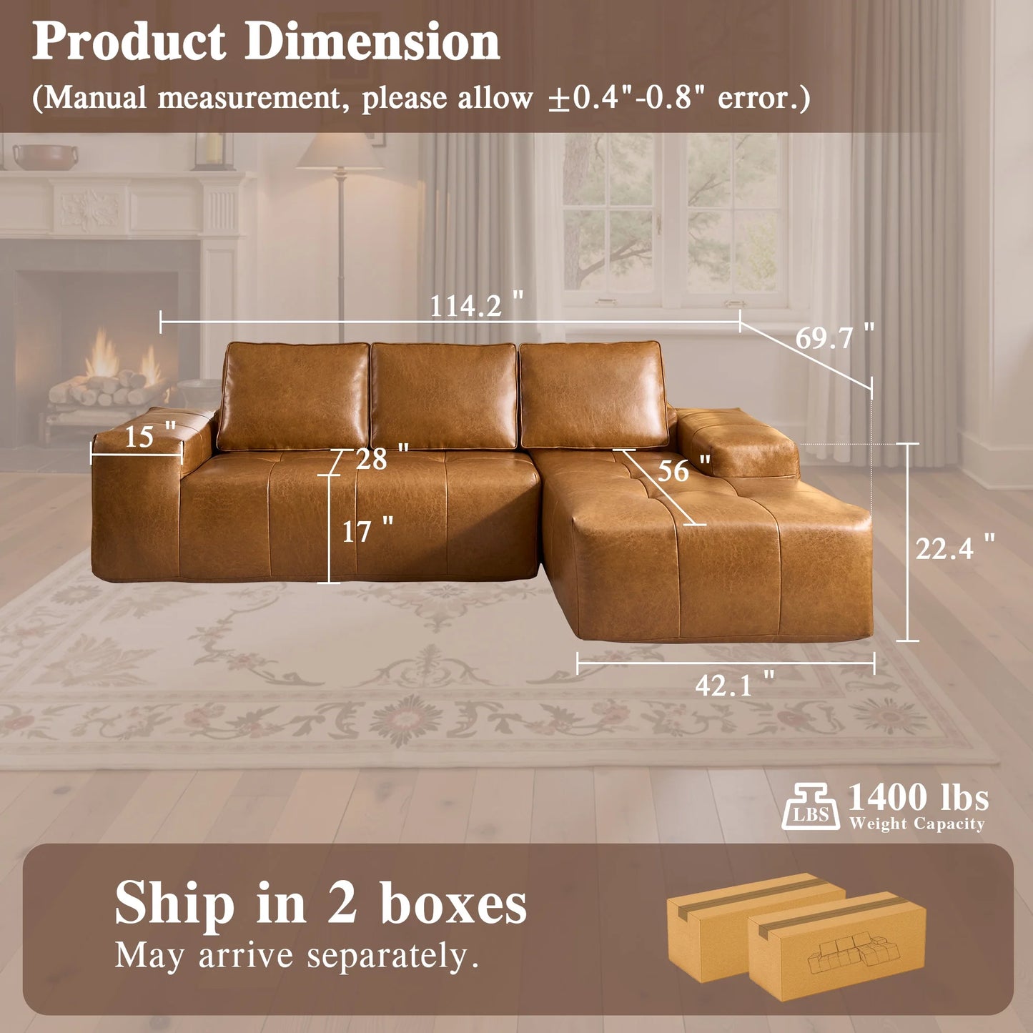 114" Modular Sectional Sofa L-Shaped Faux Leather Couch with Chaise Extra Deep Seat Cloud Sofa for Living Room No Assembly Brown