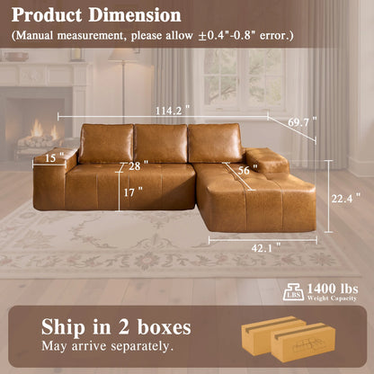 114" Modular Sectional Sofa L-Shaped Faux Leather Couch with Chaise Extra Deep Seat Cloud Sofa for Living Room No Assembly Brown