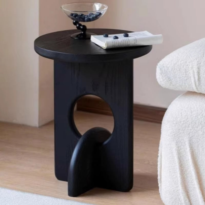 Simple Style Solid Wood Material Carbonized Black round Side Table Can Be Used for Balcony Coffee Table Simple Sofa Side Table